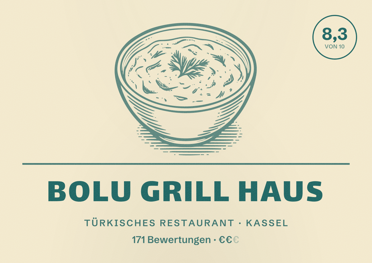 Illustriertes Poster von Bolu Grill Haus, Türkisches Restaurant in Kassel: Bewertung 8,3 von 10 aus 171 Bewertungen, Preisniveau €€