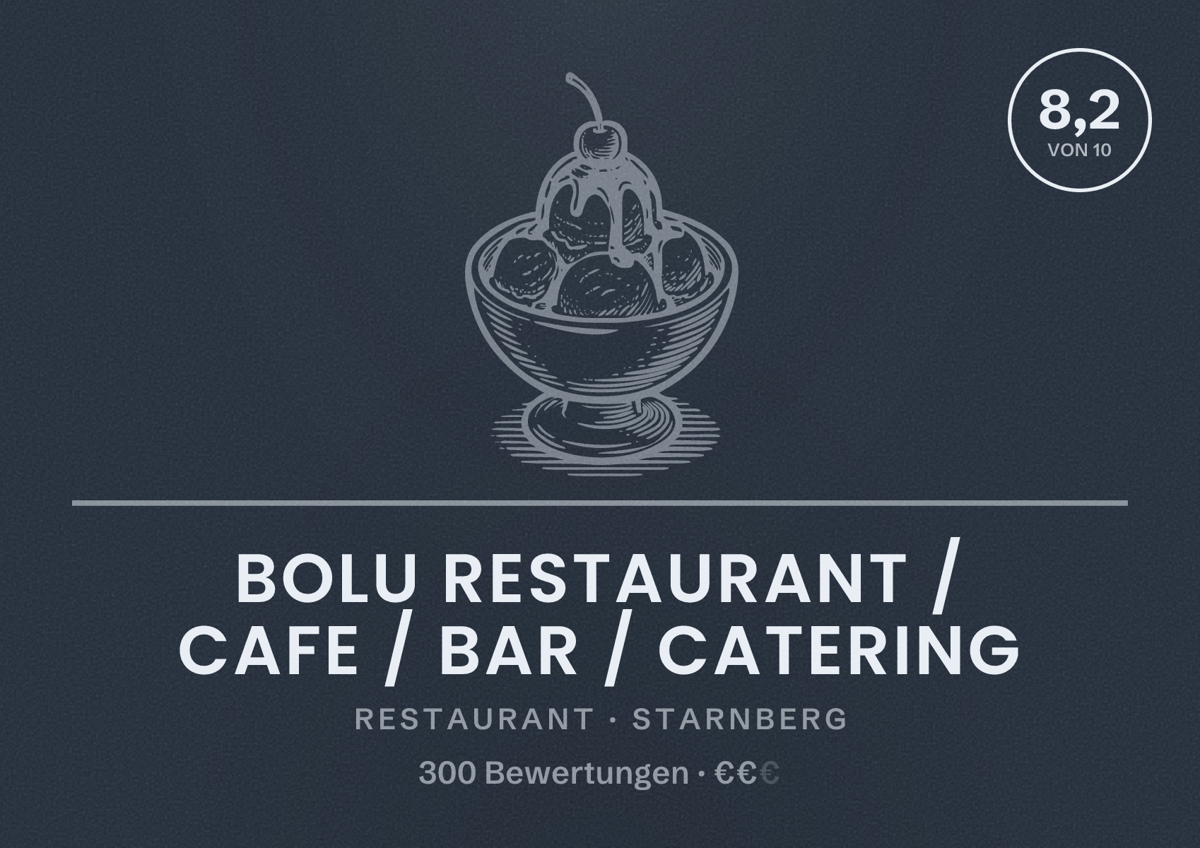 Illustriertes Poster von Bolu Restaurant / Cafe / Bar / Catering, Restaurant in Starnberg: Bewertung 8,2 von 10 aus 300 Bewertungen, Preisniveau €€