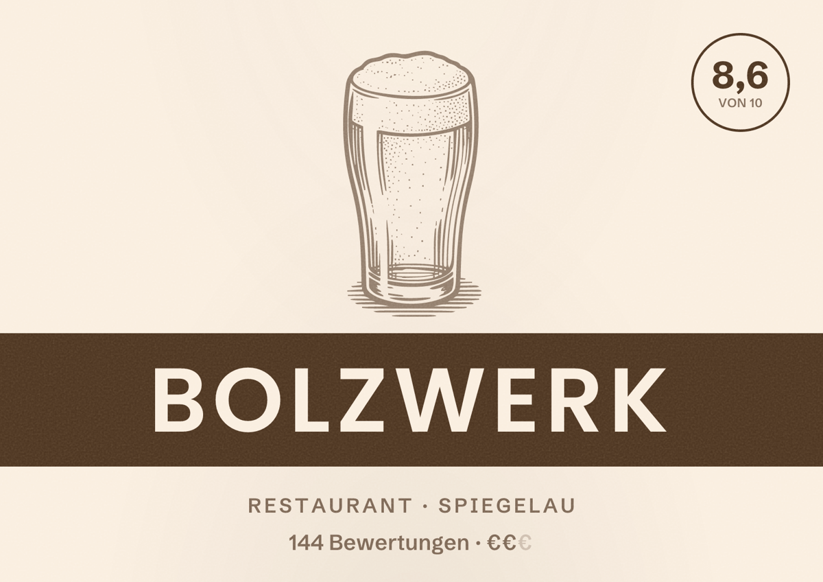 Illustriertes Poster von Bolzwerk, Restaurant in Spiegelau: Bewertung 8,6 von 10 aus 144 Bewertungen, Preisniveau €€