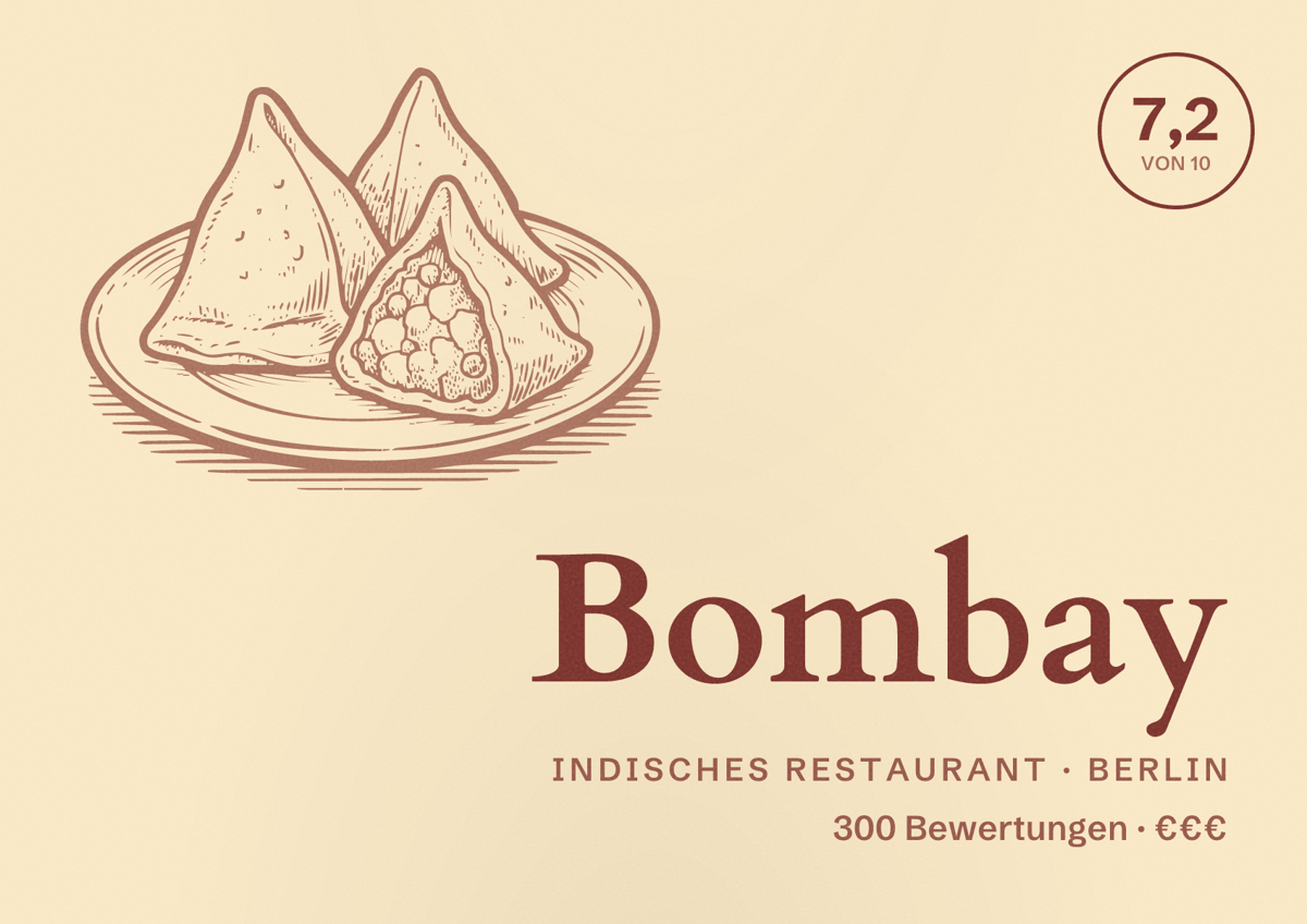 Illustriertes Poster von Bombay, Indisches Restaurant in Berlin: Bewertung 7,2 von 10 aus 300 Bewertungen, Preisniveau €€€
