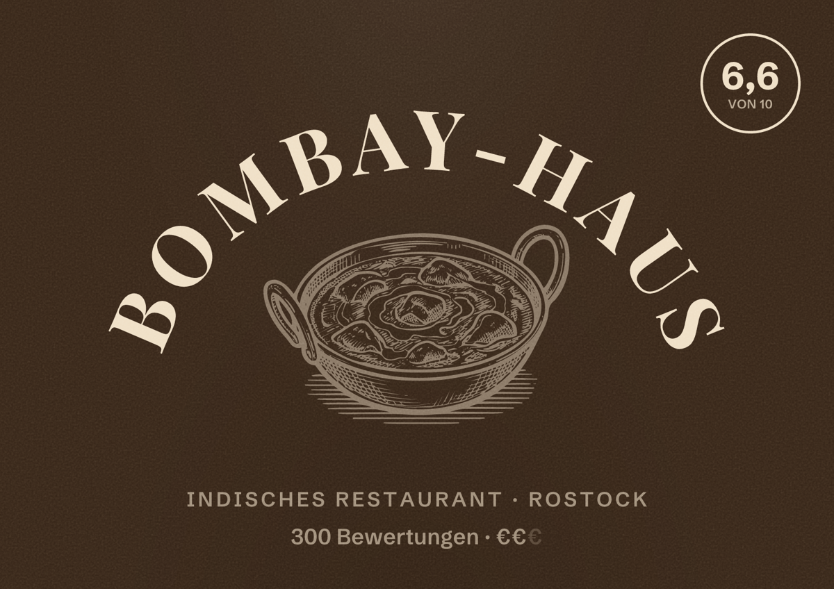 Illustriertes Poster von Bombay-Haus, Indisches Restaurant in Rostock: Bewertung 6,6 von 10 aus 300 Bewertungen, Preisniveau €€