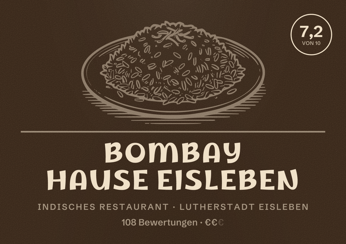 Illustriertes Poster von Bombay Hause Eisleben, Indisches Restaurant in Lutherstadt Eisleben: Bewertung 7,2 von 10 aus 108 Bewertungen, Preisniveau €€