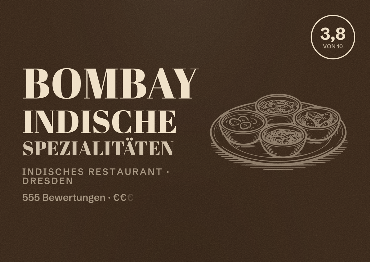 Illustriertes Poster von Bombay Indische Spezialitäten, Indisches Restaurant in Dresden: Bewertung 3,8 von 10 aus 555 Bewertungen, Preisniveau €€