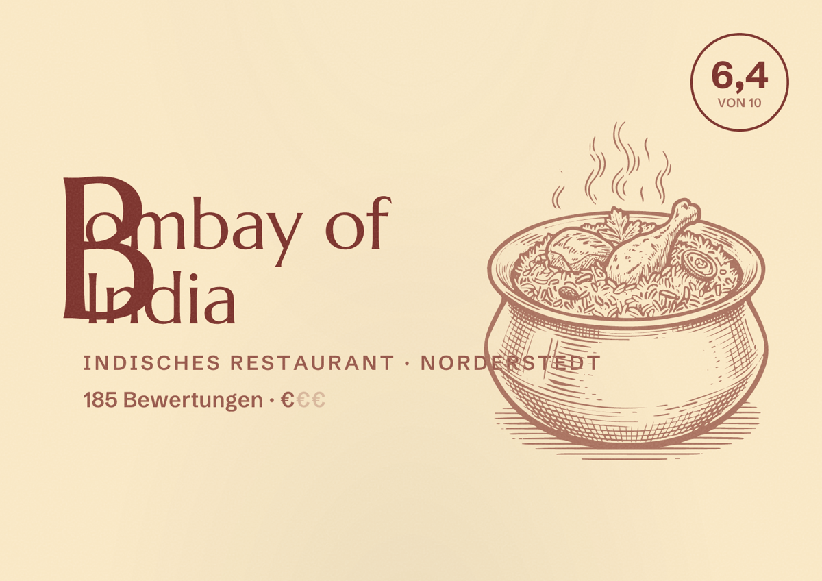 Illustriertes Poster von Bombay of India, Indisches Restaurant in Norderstedt: Bewertung 6,4 von 10 aus 185 Bewertungen, Preisniveau €