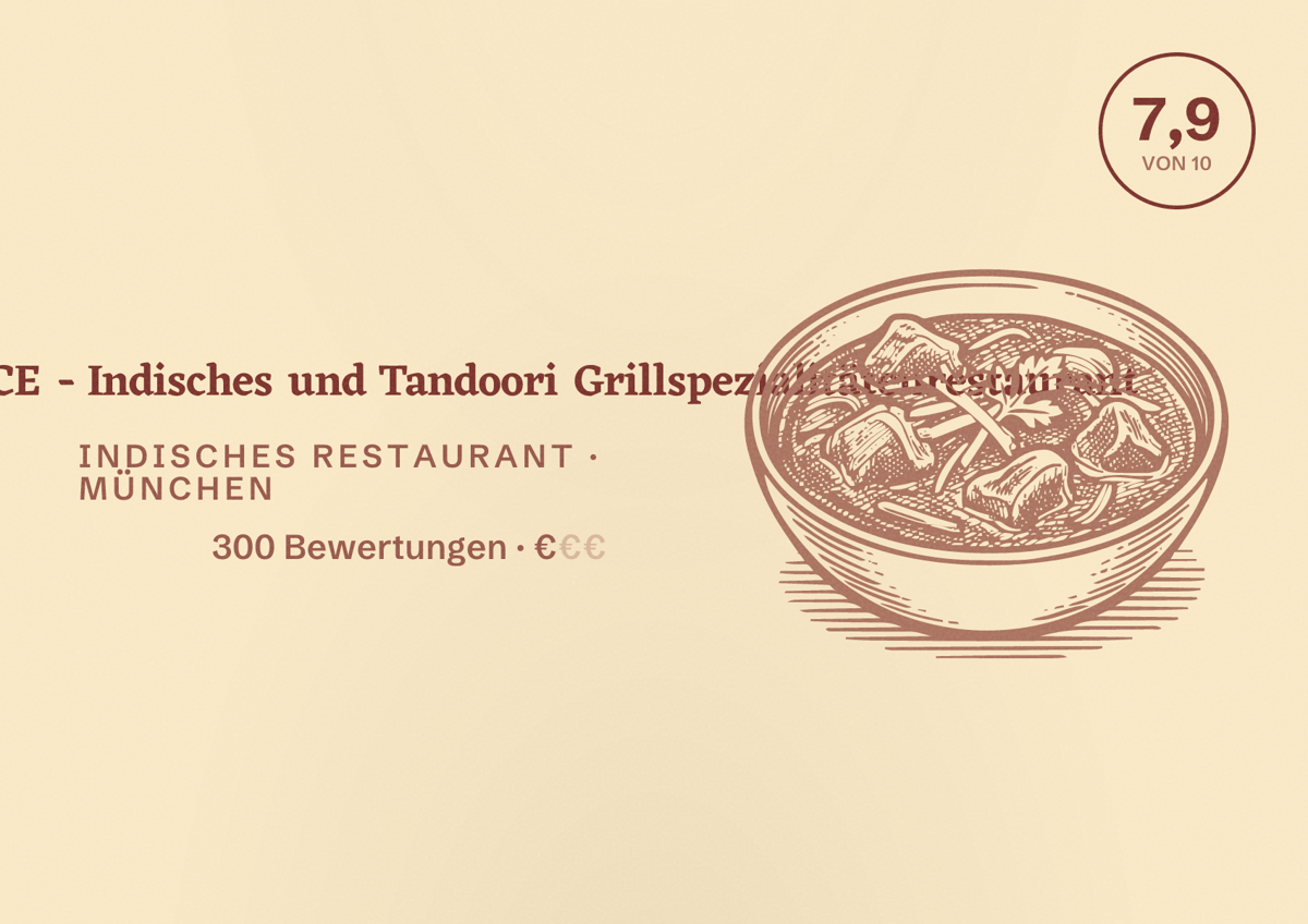 Illustriertes Poster von BOMBAY PALACE - Indisches und Tandoori Grillspezialitätenrestaurant, Indisches Restaurant in München: Bewertung 7,9 von 10 aus 300 Bewertungen, Preisniveau €