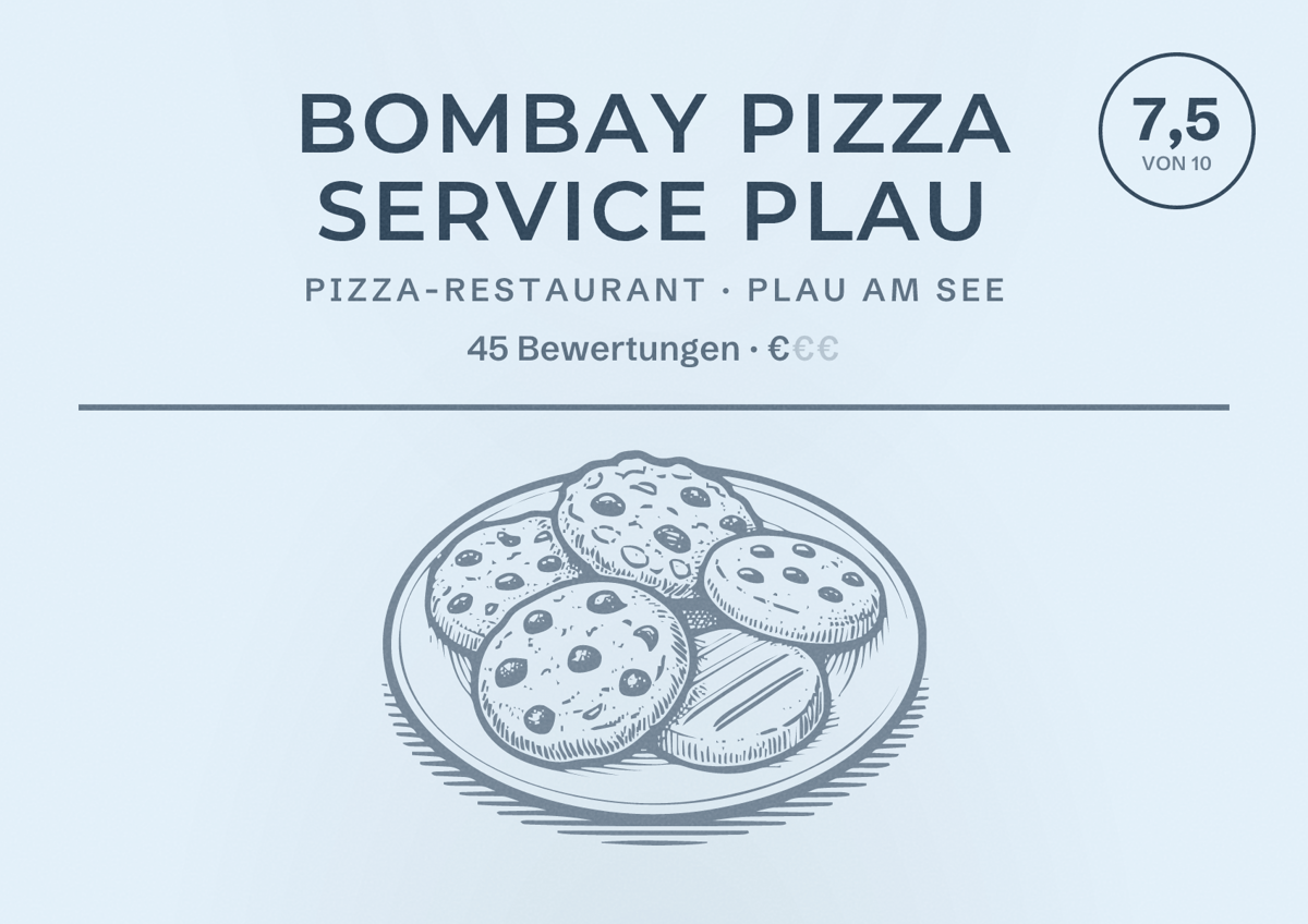 Illustriertes Poster von BOMBAY PIZZA SERVICE PLAU, Pizza-Restaurant in Plau am See: Bewertung 7,5 von 10 aus 45 Bewertungen, Preisniveau €