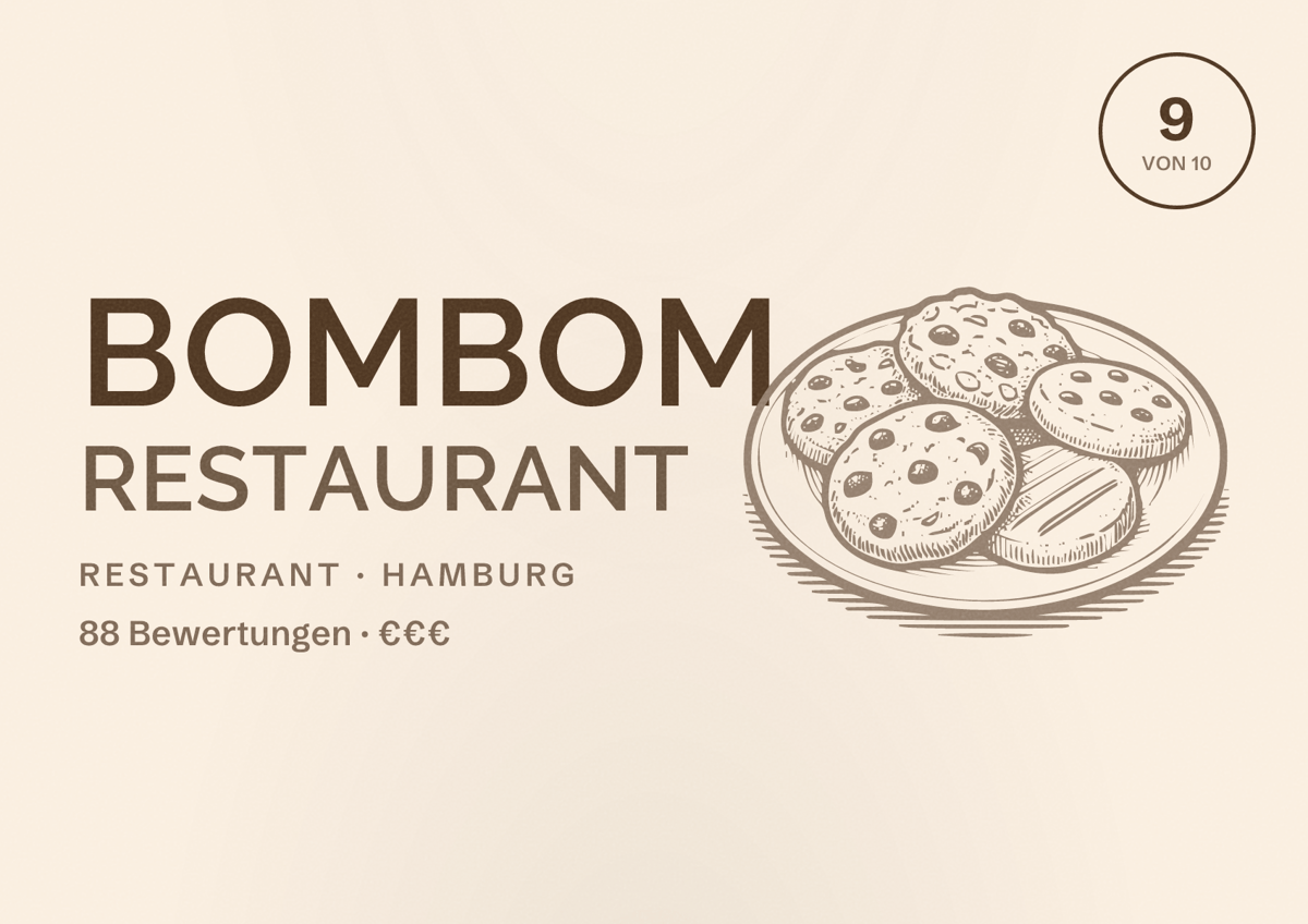 Illustriertes Poster von BomBom Restaurant, Restaurant in Hamburg: Bewertung 9,0 von 10 aus 88 Bewertungen, Preisniveau €€€
