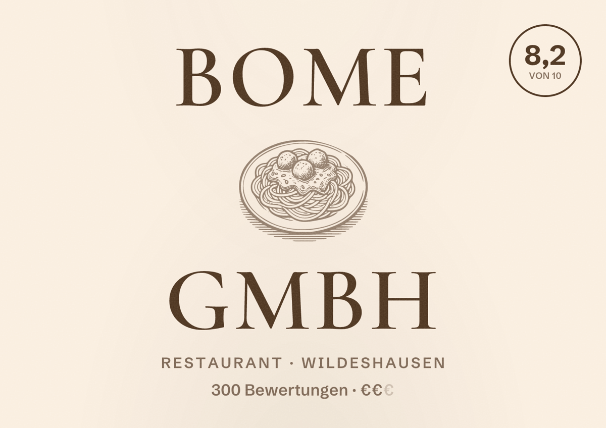 Illustriertes Poster von BOME GmbH, Restaurant in Wildeshausen: Bewertung 8,2 von 10 aus 300 Bewertungen, Preisniveau €€