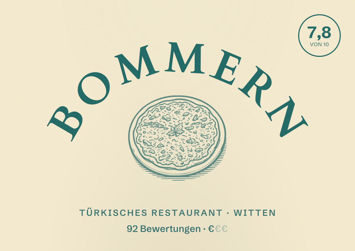 Illustriertes Poster von Bommern, Türkisches Restaurant in Witten: Bewertung 7,8 von 10 aus 92 Bewertungen, Preisniveau €
