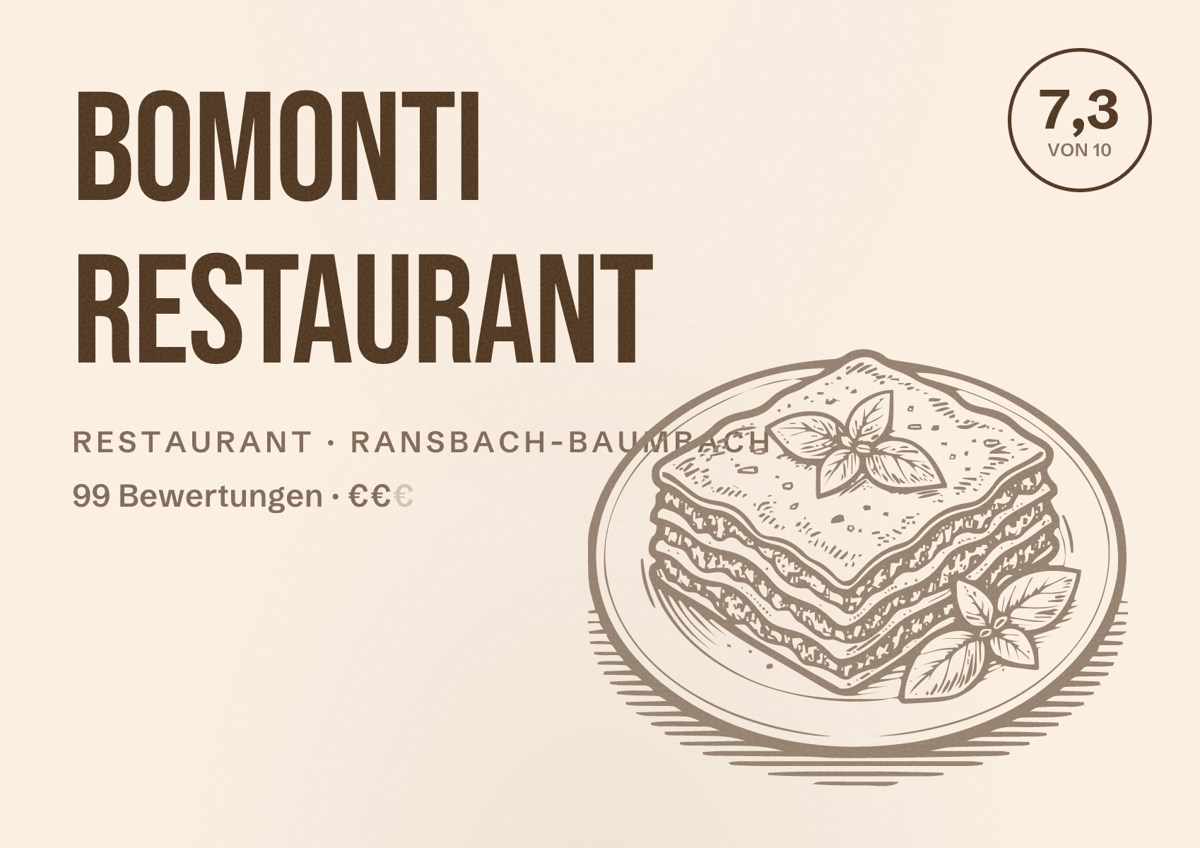 Illustriertes Poster von Bomonti Restaurant, Restaurant in Ransbach-Baumbach: Bewertung 7,3 von 10 aus 99 Bewertungen, Preisniveau €€