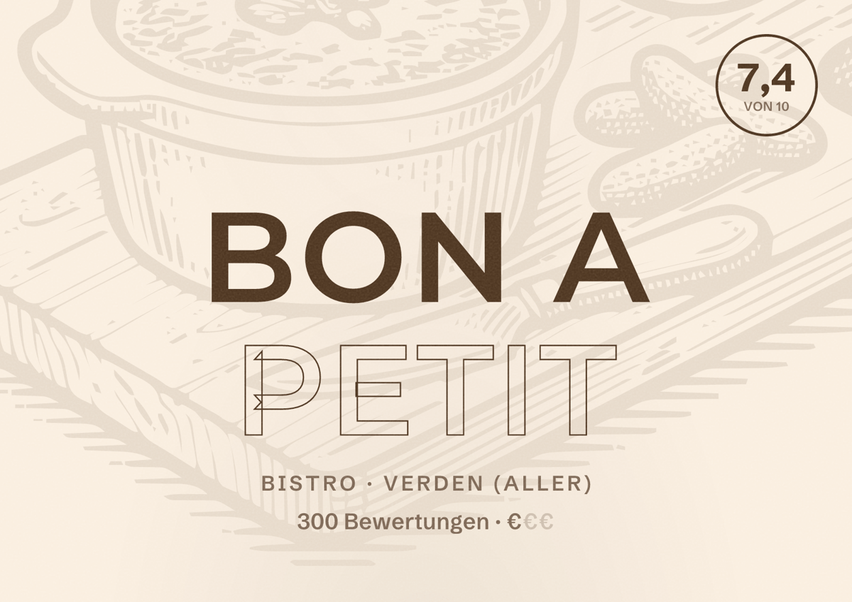 Illustriertes Poster von Bon A Petit, Bistro in Verden (Aller): Bewertung 7,4 von 10 aus 300 Bewertungen, Preisniveau €