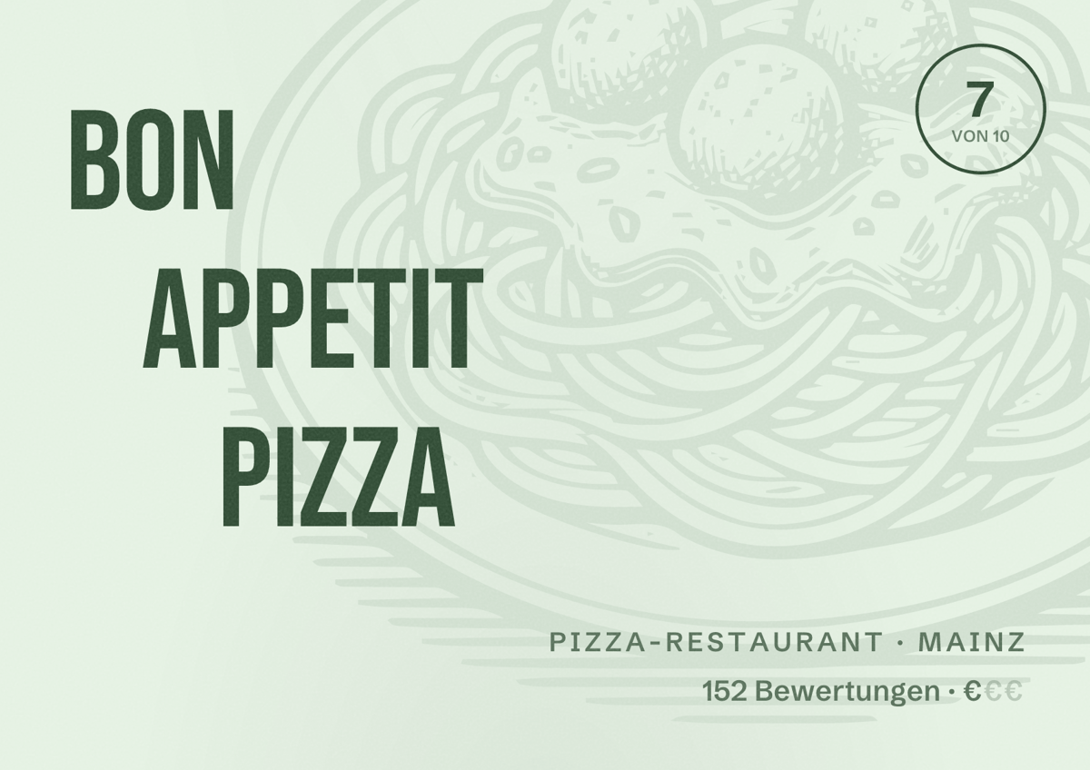 Illustriertes Poster von Bon Appetit Pizza, Pizza-Restaurant in Mainz: Bewertung 7 von 10 aus 152 Bewertungen, Preisniveau €