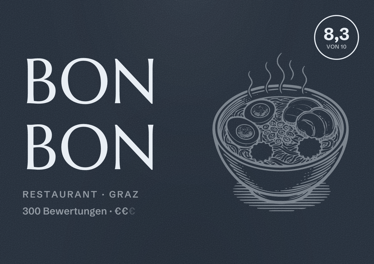Illustriertes Poster von Bon Bon, Restaurant in Graz: Bewertung 8,3 von 10 aus 300 Bewertungen, Preisniveau €€