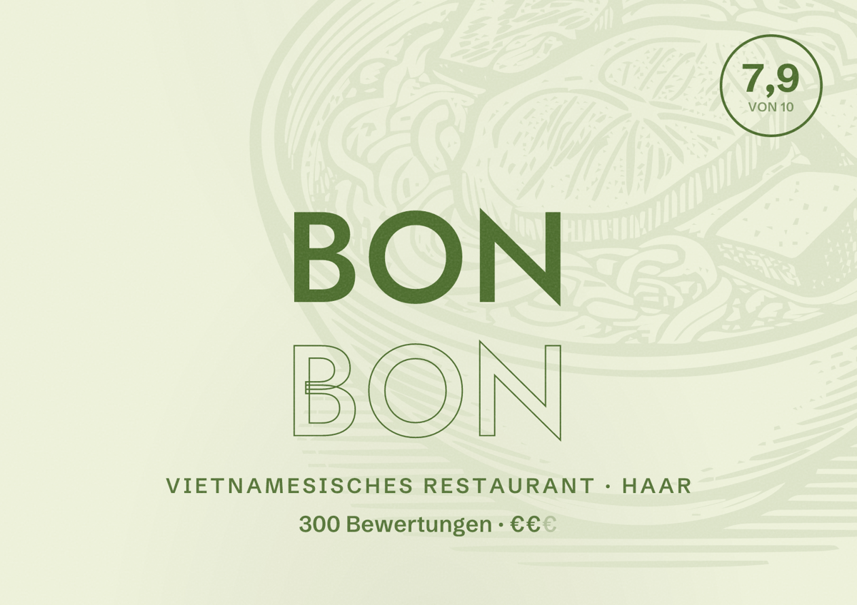 Illustriertes Poster von Bon Bon, Vietnamesisches Restaurant in Haar: Bewertung 7,9 von 10 aus 300 Bewertungen, Preisniveau €€