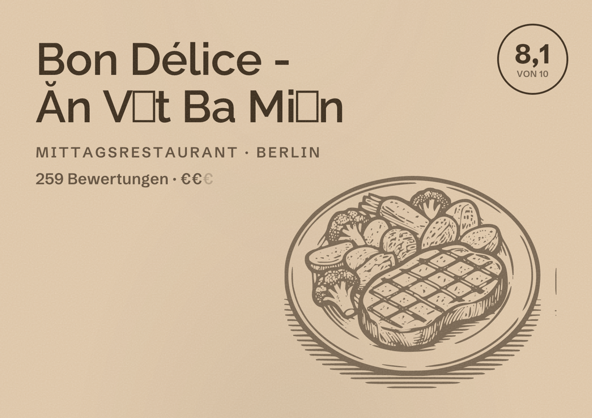 Illustriertes Poster von Bon Délice - Ăn Vặt Ba Miền, Mittagsrestaurant in Berlin: Bewertung 8,1 von 10 aus 259 Bewertungen, Preisniveau €€