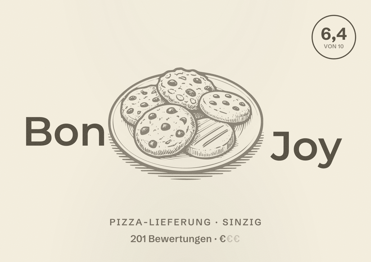 Illustriertes Poster von Bon Joy, Pizza-Lieferung in Sinzig: Bewertung 6,4 von 10 aus 201 Bewertungen, Preisniveau €