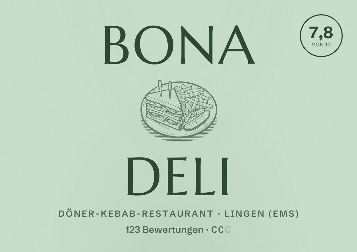 Illustriertes Poster von Bona Deli, Döner-Kebab-Restaurant in Lingen (Ems): Bewertung 7,8 von 10 aus 123 Bewertungen, Preisniveau €€