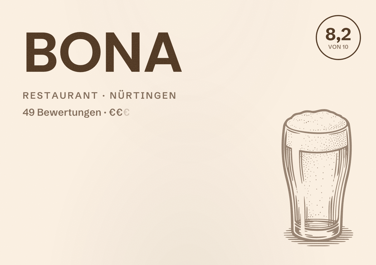 Illustriertes Poster von BONA, Restaurant in Nürtingen: Bewertung 8,2 von 10 aus 49 Bewertungen, Preisniveau €€