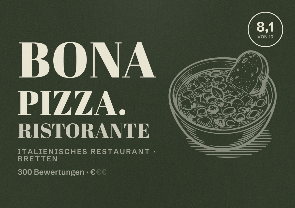 Illustriertes Poster von Bona Pizza. Ristorante, Italienisches Restaurant in Bretten: Bewertung 8,1 von 10 aus 300 Bewertungen, Preisniveau €
