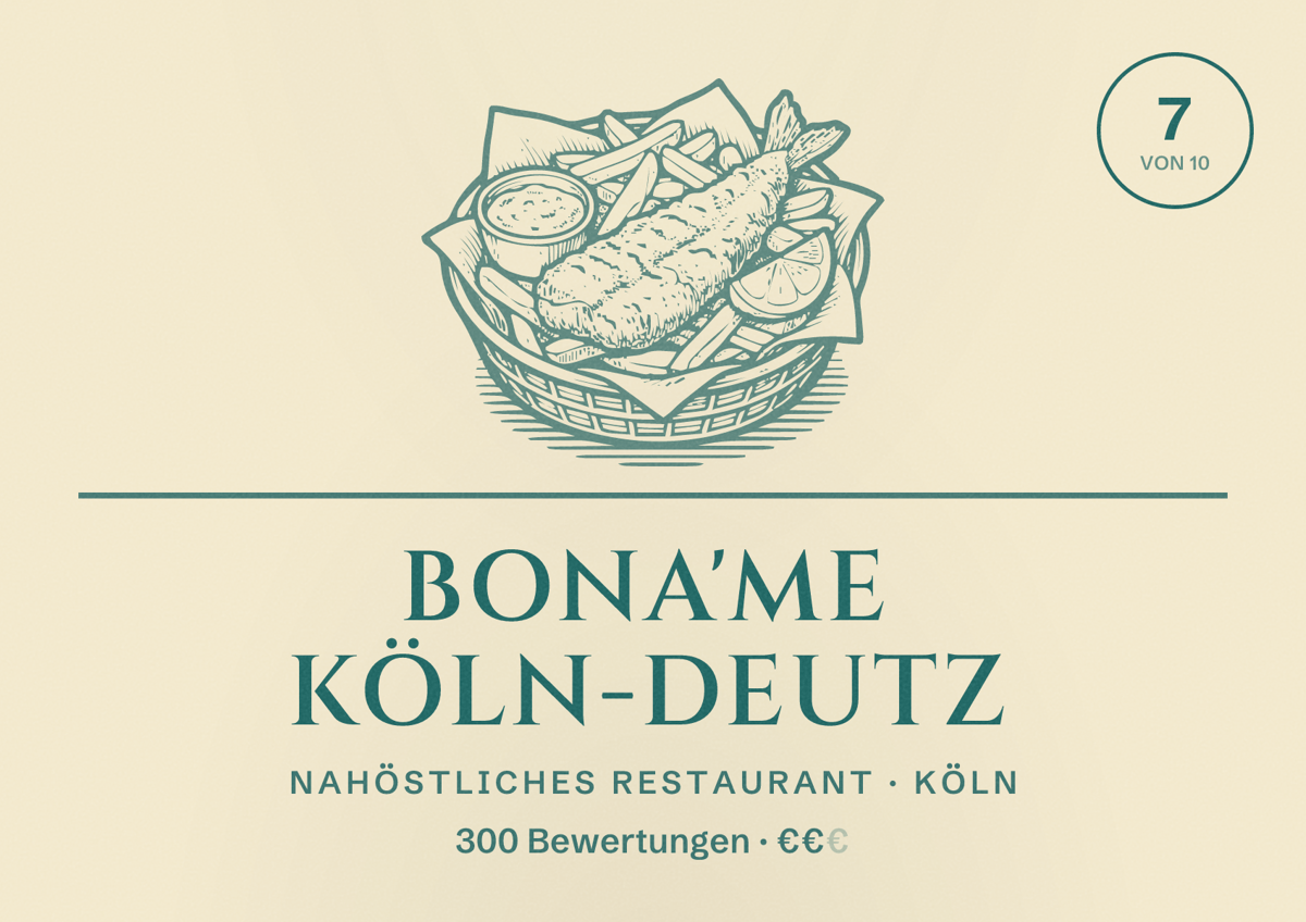 Illustriertes Poster von bona'me Köln-Deutz, Nahöstliches Restaurant in Köln: Bewertung 7,0 von 10 aus 300 Bewertungen, Preisniveau €€