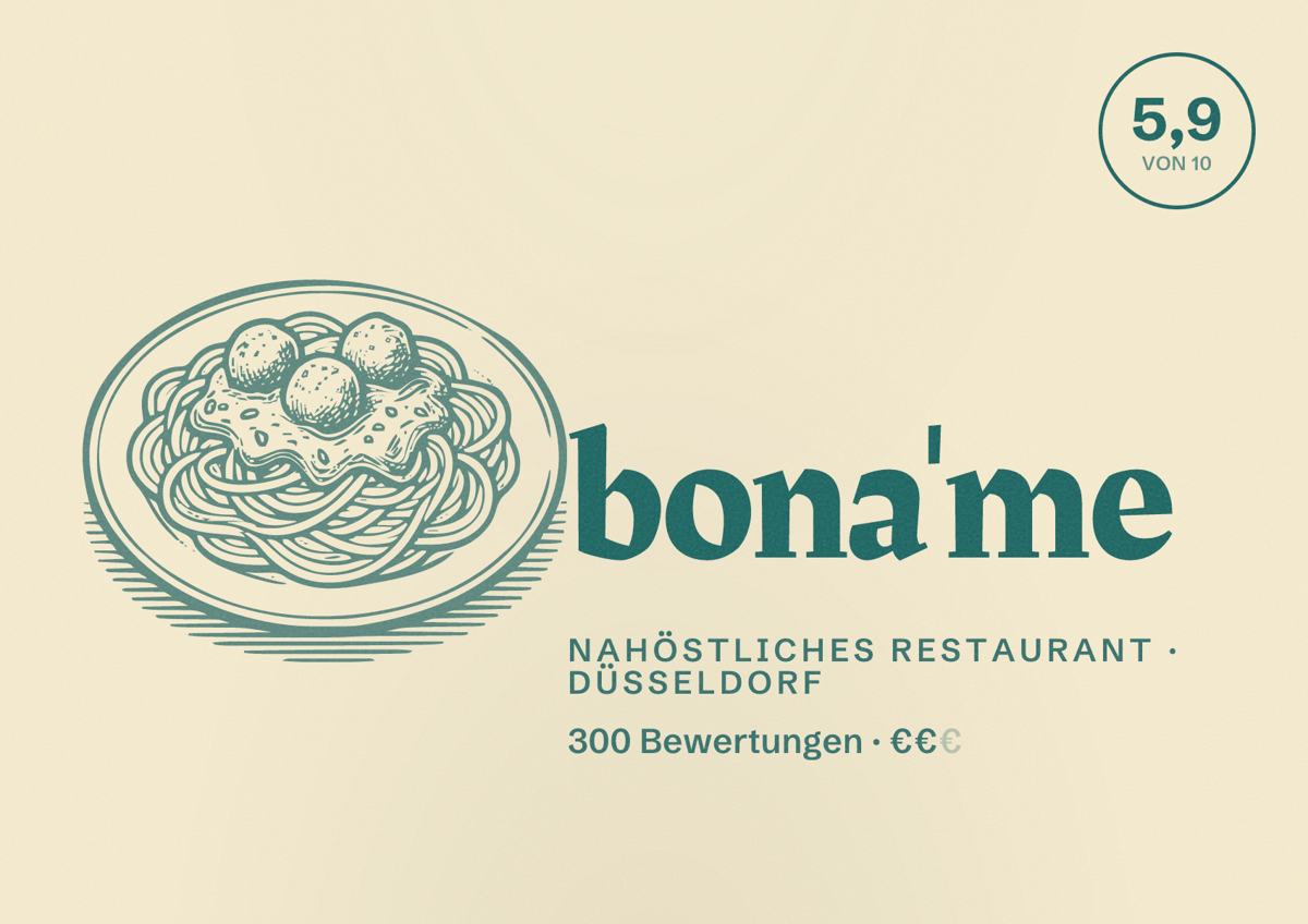 Illustriertes Poster von bona'me, Nahöstliches Restaurant in Düsseldorf: Bewertung 5,9 von 10 aus 300 Bewertungen, Preisniveau €€