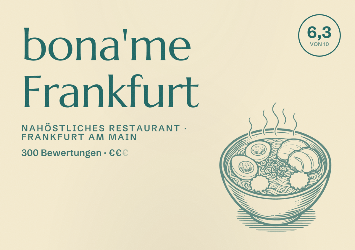 Illustriertes Poster von bona'me Frankfurt, Nahöstliches Restaurant in Frankfurt am Main: Bewertung 6,3 von 10 aus 300 Bewertungen, Preisniveau €€