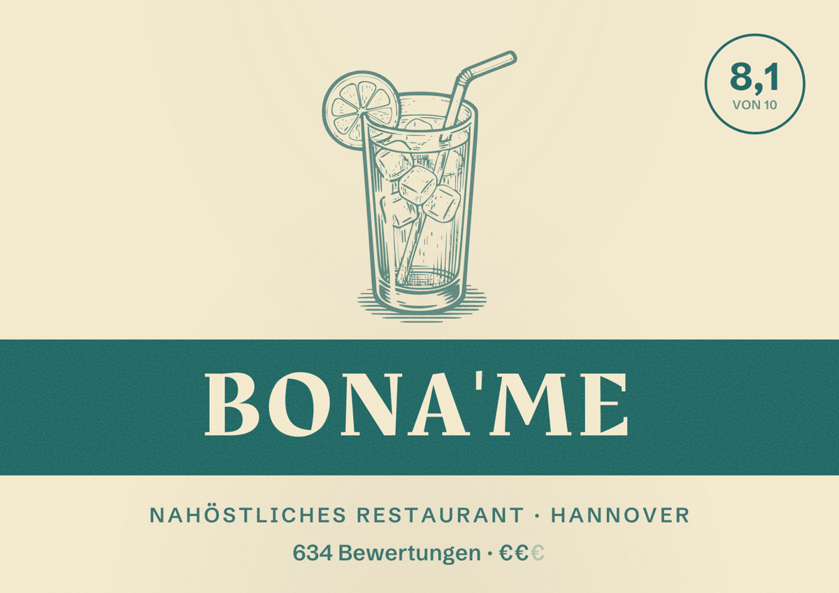 Illustriertes Poster von bona'me, Nahöstliches Restaurant in Hannover: Bewertung 8,1 von 10 aus 634 Bewertungen, Preisniveau €€