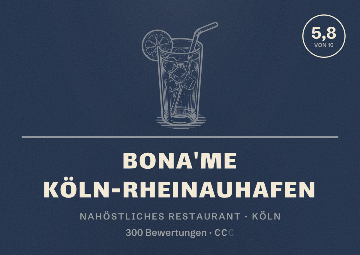 Illustriertes Poster von bona'me Köln-Rheinauhafen, Nahöstliches Restaurant in Köln: Bewertung 5,8 von 10 aus 300 Bewertungen, Preisniveau €€