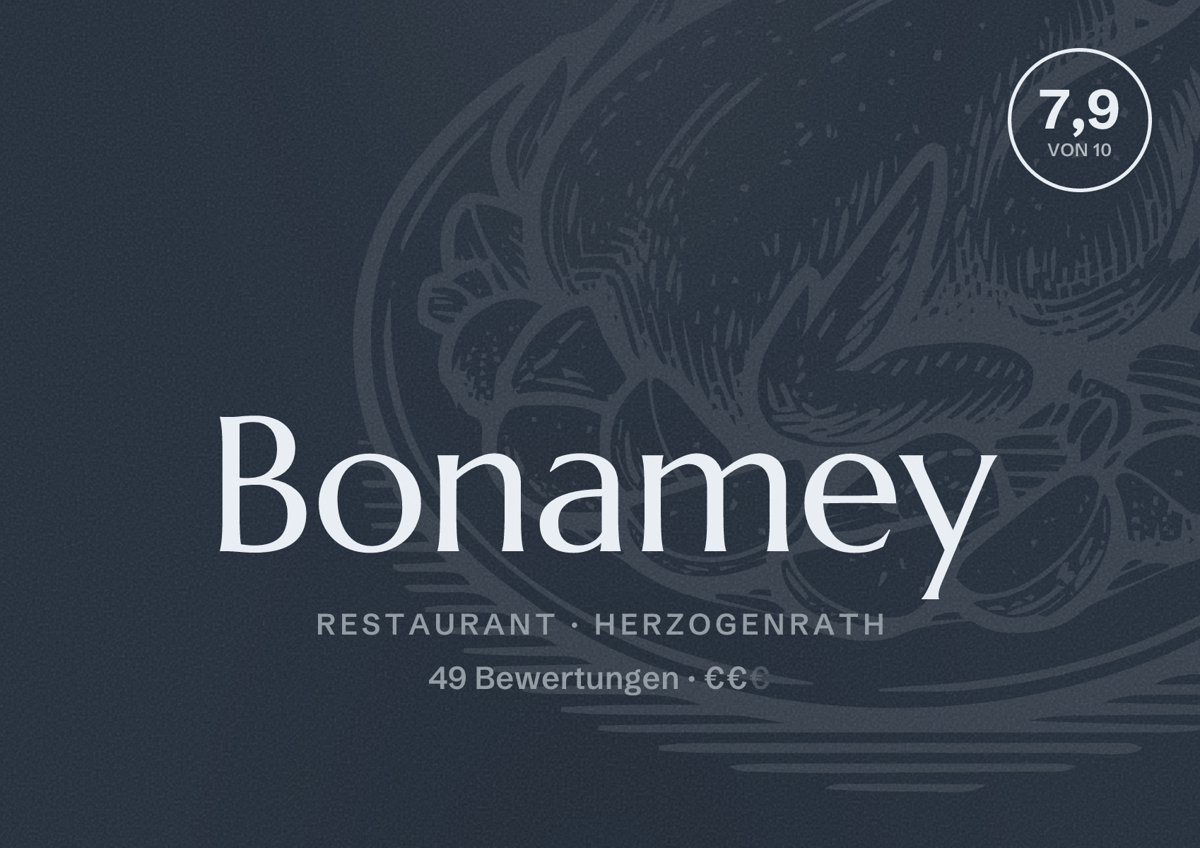 Illustriertes Poster von Bonamey, Restaurant in Herzogenrath: Bewertung 7,9 von 10 aus 49 Bewertungen, Preisniveau €€