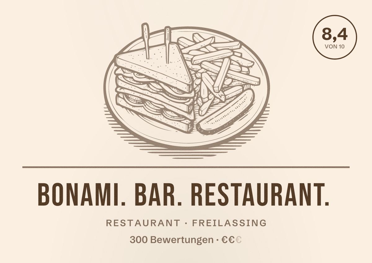 Illustriertes Poster von Bonami. BAR. RESTAURANT., Restaurant in Freilassing: Bewertung 8,4 von 10 aus 300 Bewertungen, Preisniveau €€