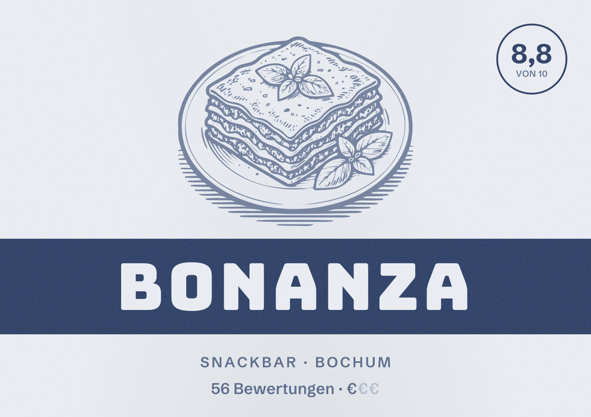 Illustriertes Poster von Bonanza, Snackbar in Bochum: Bewertung 8,8 von 10 aus 56 Bewertungen, Preisniveau €
