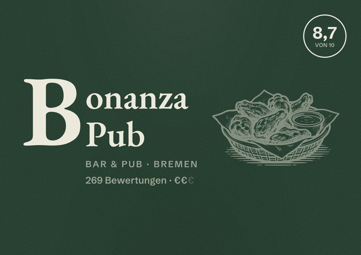 Illustriertes Poster von Bonanza Pub, Bar & Pub in Bremen: Bewertung 8,7 von 10 aus 269 Bewertungen, Preisniveau €€