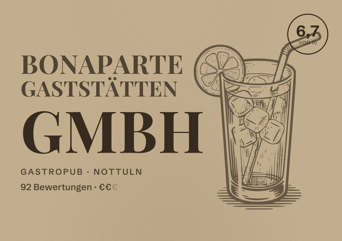Illustriertes Poster von Bonaparte Gaststätten GmbH, Gastropub in Nottuln: Bewertung 6,7 von 10 aus 92 Bewertungen, Preisniveau €€