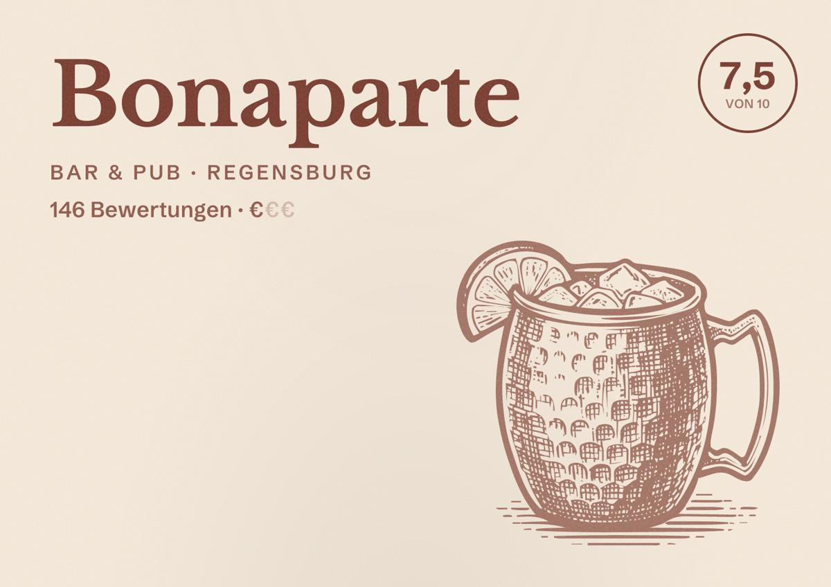Illustriertes Poster von Bonaparte, Bar & Pub in Regensburg: Bewertung 7,5 von 10 aus 146 Bewertungen, Preisniveau €