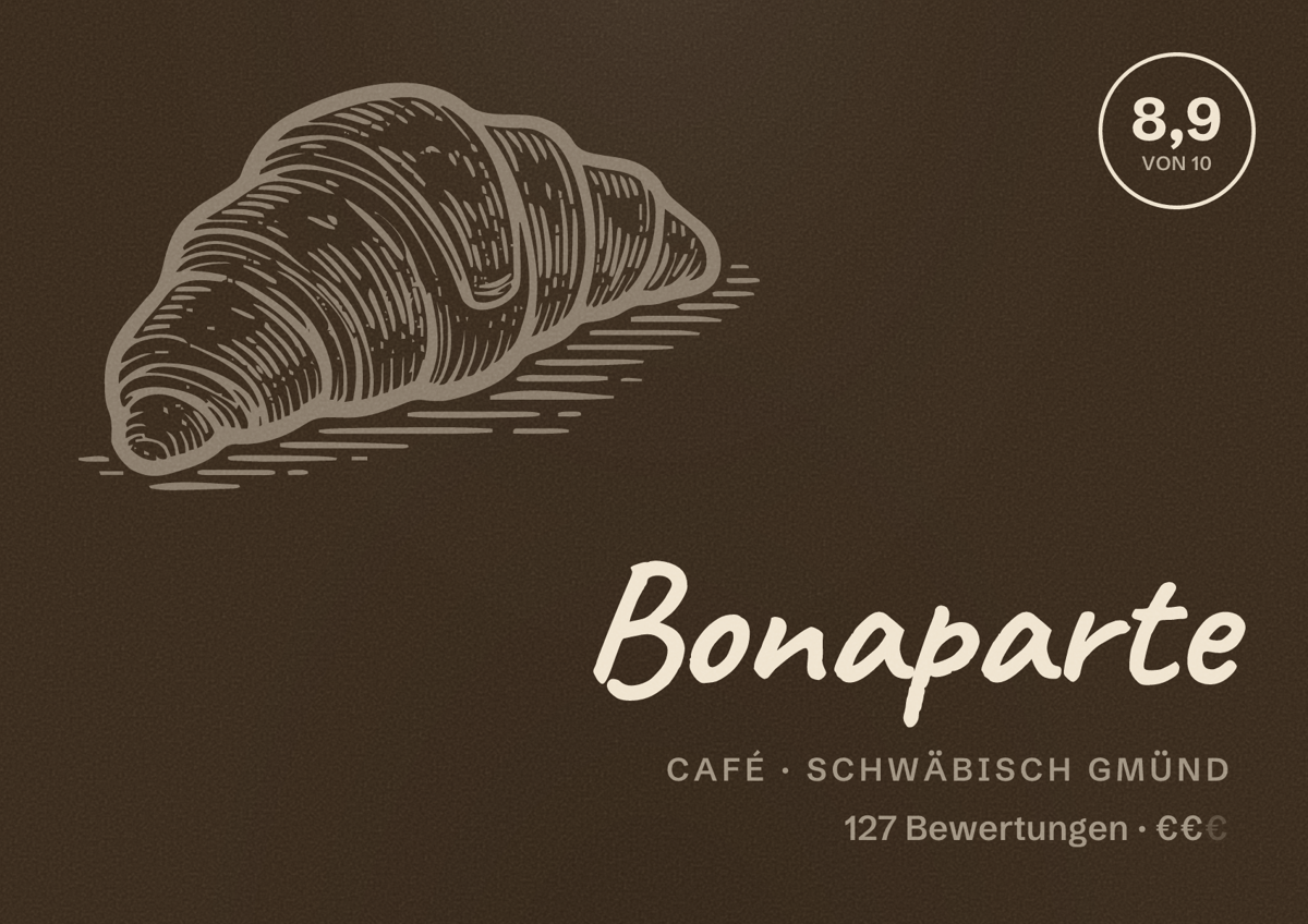 Illustriertes Poster von Bonaparte, Café in Schwäbisch Gmünd: Bewertung 8,9 von 10 aus 127 Bewertungen, Preisniveau €€
