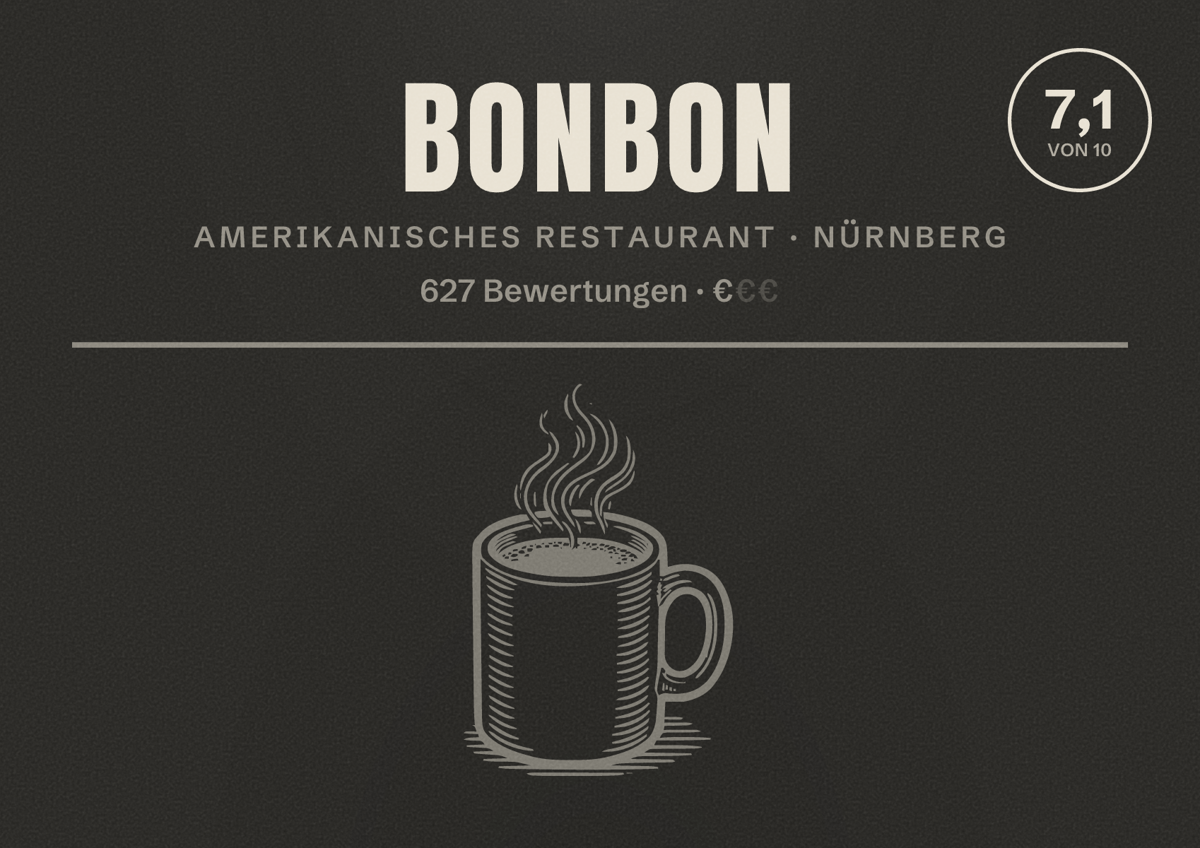 Illustriertes Poster von Bonbon, Amerikanisches Restaurant in Nürnberg: Bewertung 7,1 von 10 aus 627 Bewertungen, Preisniveau €