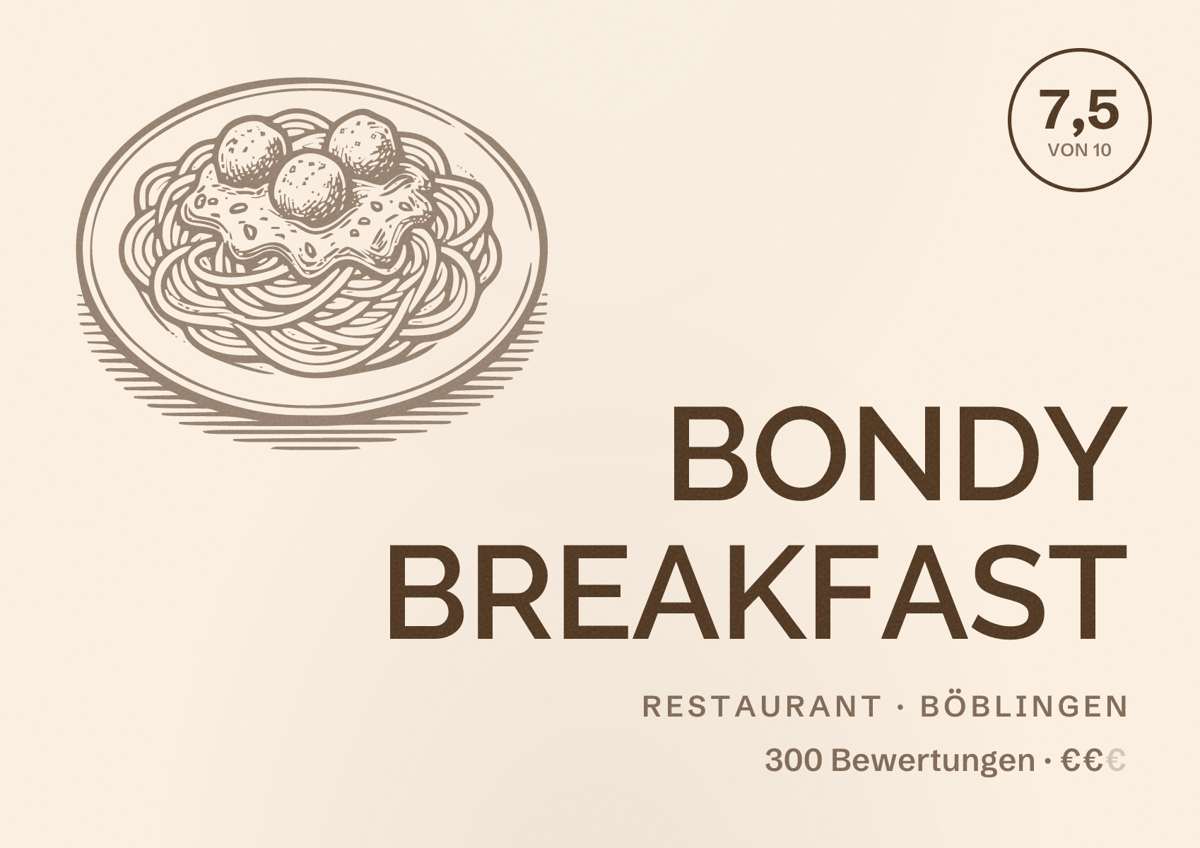Illustriertes Poster von BONDY BREAKFAST, Restaurant in Böblingen: Bewertung 7,5 von 10 aus 300 Bewertungen, Preisniveau €€
