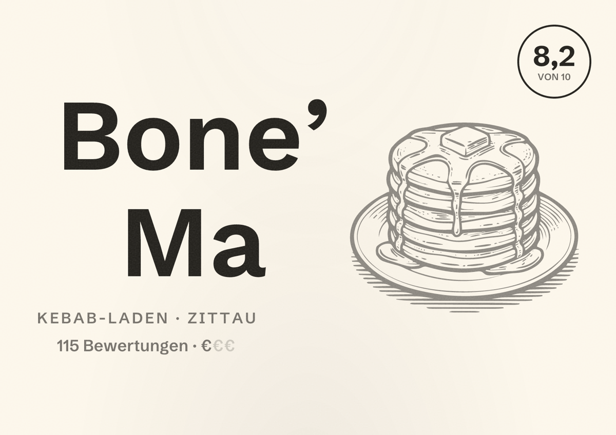 Illustriertes Poster von Bone’ Ma, Kebab-Laden in Zittau: Bewertung 8,2 von 10 aus 115 Bewertungen, Preisniveau €