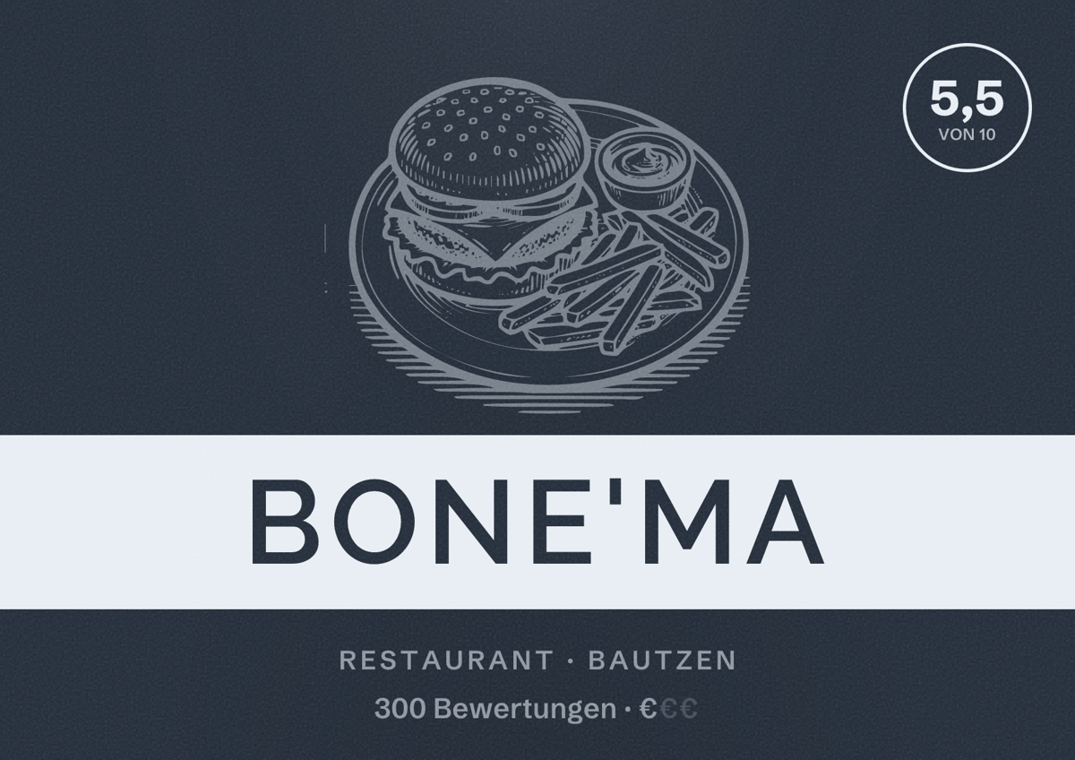 Illustriertes Poster von Bone'ma, Restaurant in Bautzen: Bewertung 5,5 von 10 aus 300 Bewertungen, Preisniveau €