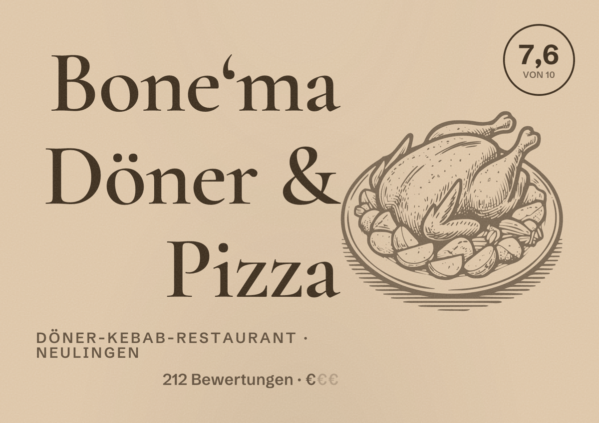 Illustriertes Poster von Bone‘ma Döner & Pizza, Döner-Kebab-Restaurant in Neulingen: Bewertung 7,6 von 10 aus 212 Bewertungen, Preisniveau €