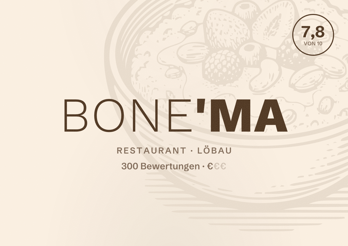 Illustriertes Poster von Bone'Ma, Restaurant in Löbau: Bewertung 7,8 von 10 aus 300 Bewertungen, Preisniveau €