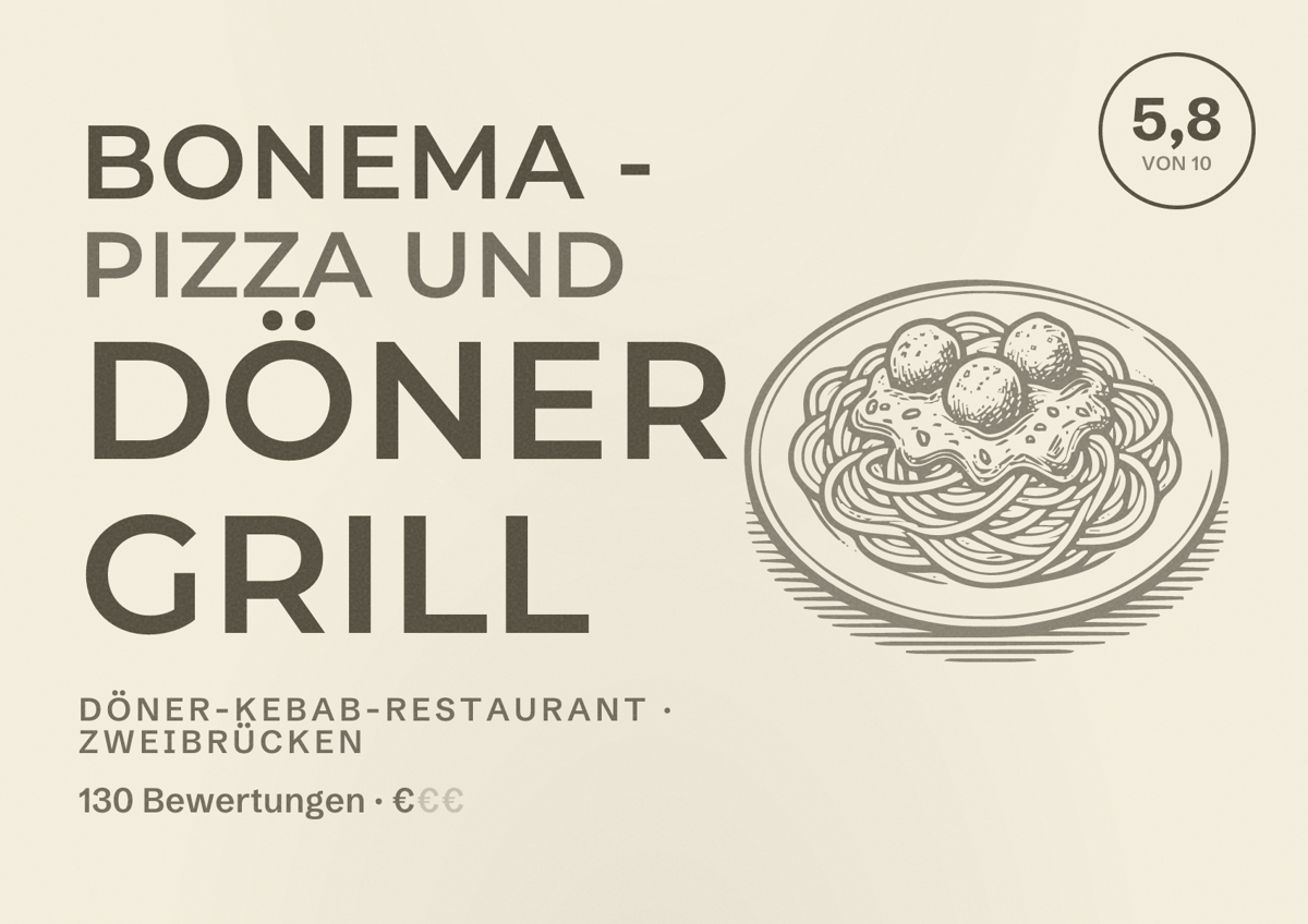 Illustriertes Poster von Bonema - Pizza und Döner Grill, Döner-Kebab-Restaurant in Zweibrücken: Bewertung 5,8 von 10 aus 130 Bewertungen, Preisniveau €
