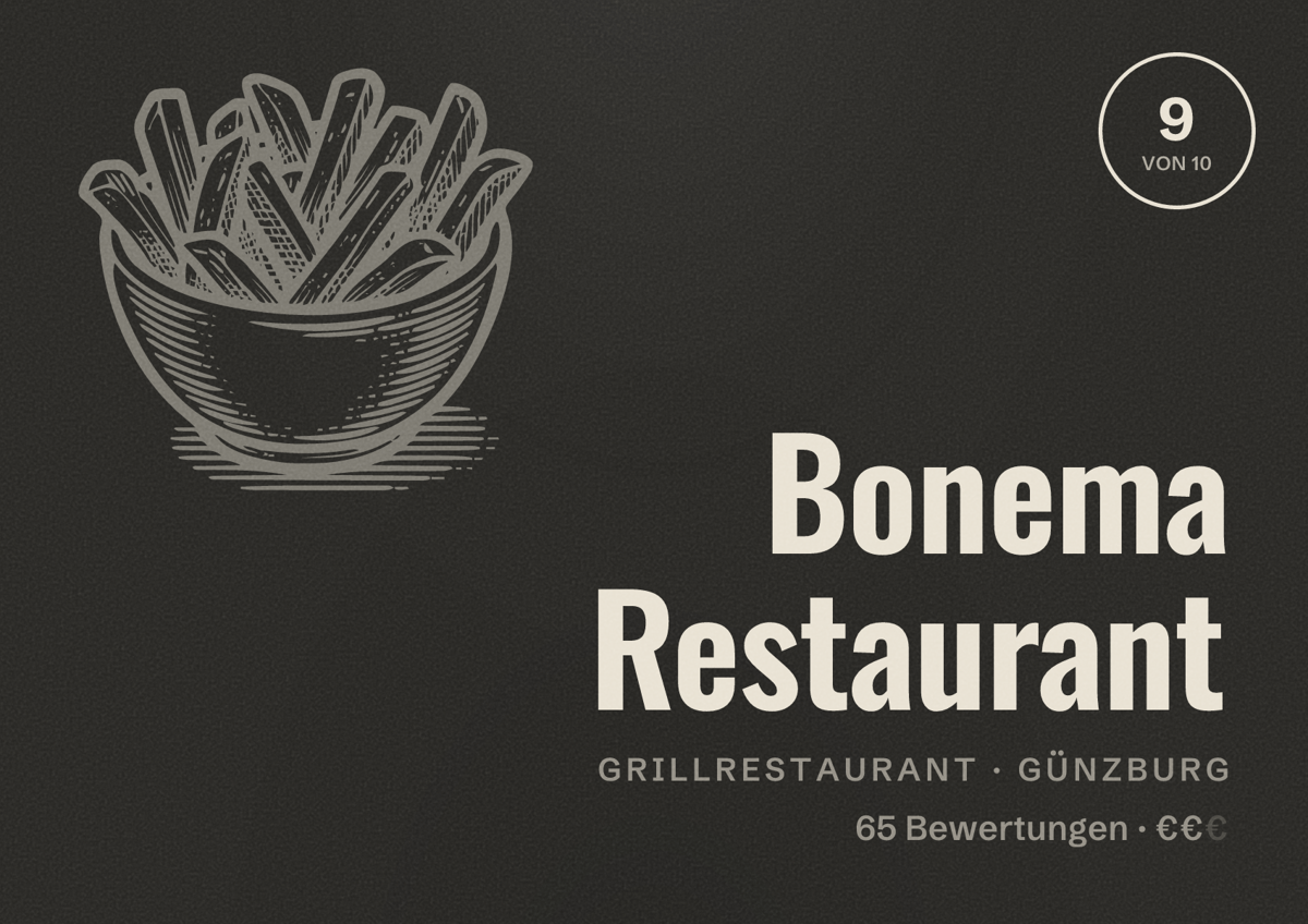 Illustriertes Poster von Bonema Restaurant, Grillrestaurant in Günzburg: Bewertung 9 von 10 aus 65 Bewertungen, Preisniveau €€