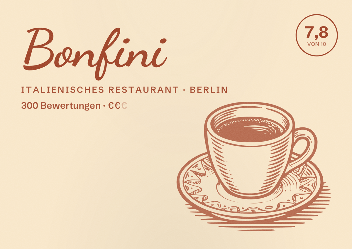 Illustriertes Poster von Bonfini, Italienisches Restaurant in Berlin: Bewertung 7,8 von 10 aus 300 Bewertungen, Preisniveau €€