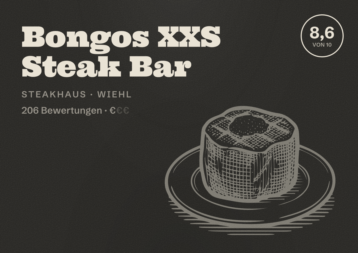 Illustriertes Poster von Bongos XXS Steak Bar, Steakhaus in Wiehl: Bewertung 8,6 von 10 aus 206 Bewertungen, Preisniveau €