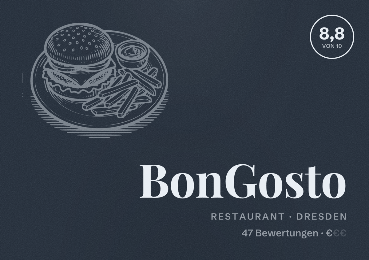 Illustriertes Poster von BonGosto, Restaurant in Dresden: Bewertung 8,8 von 10 aus 47 Bewertungen, Preisniveau €
