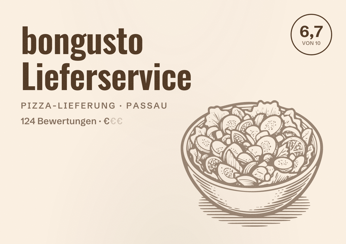 Illustriertes Poster von bongusto Lieferservice, Pizza-Lieferung in Passau: Bewertung 6,7 von 10 aus 124 Bewertungen, Preisniveau €