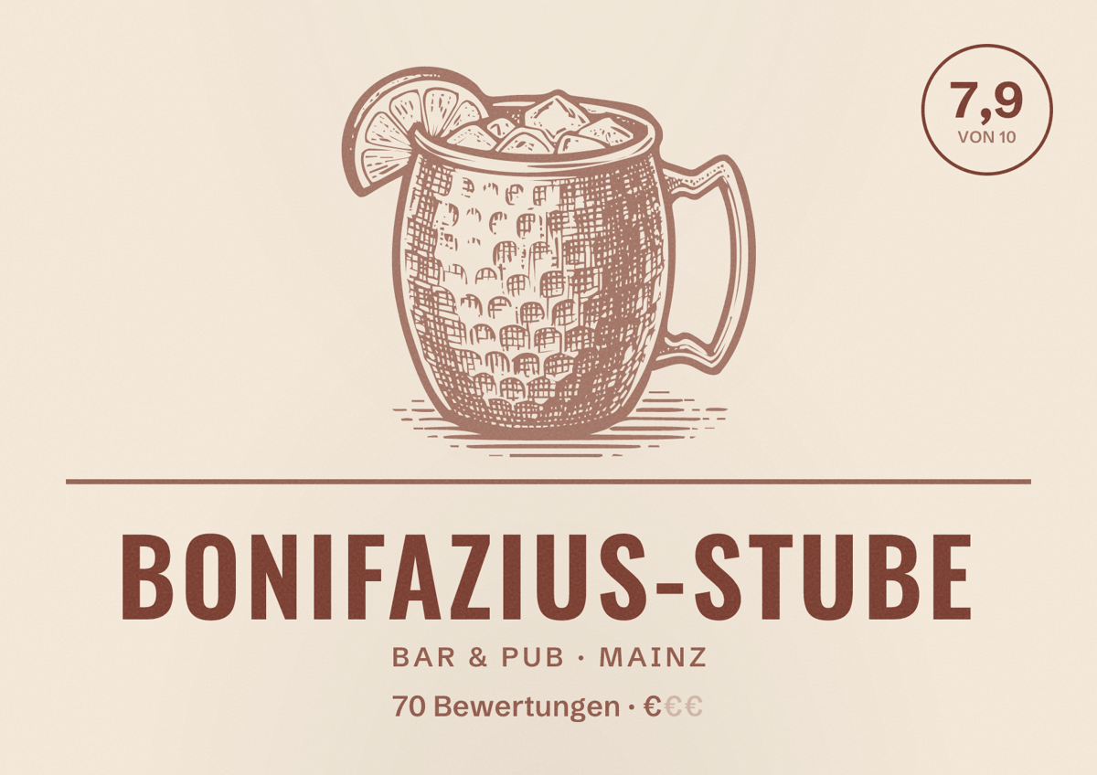 Illustriertes Poster von Bonifazius-Stube, Bar & Pub in Mainz: Bewertung 7,9 von 10 aus 70 Bewertungen, Preisniveau €