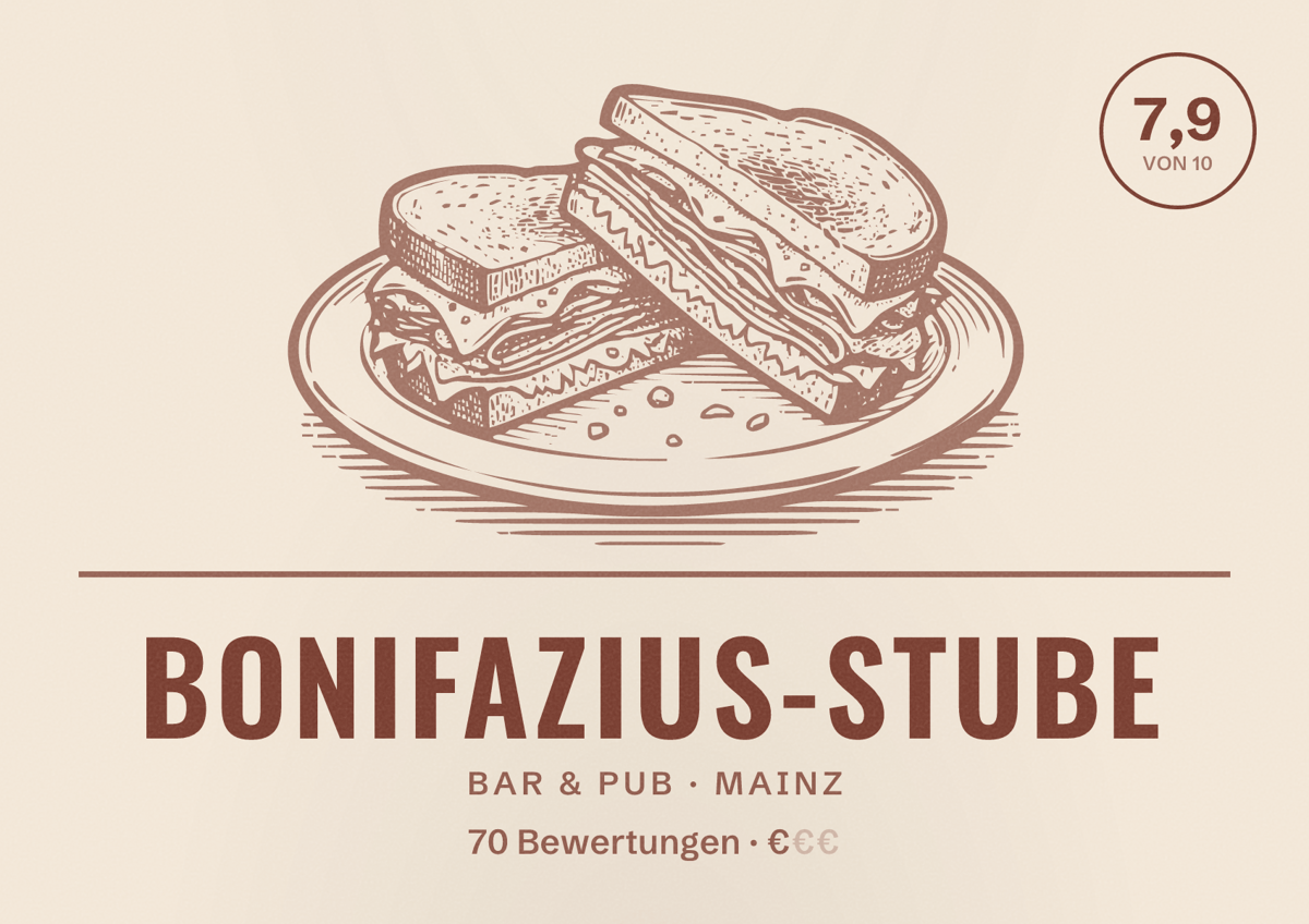 Illustriertes Poster von Bonifazius-Stube, Bar & Pub in Mainz: Bewertung 7,9 von 10 aus 70 Bewertungen, Preisniveau €