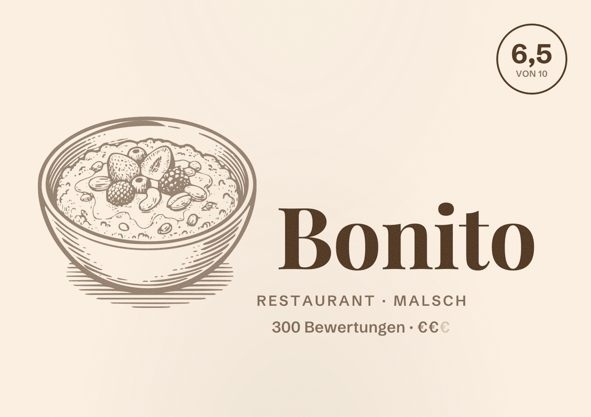 Illustriertes Poster von Bonito, Restaurant in Malsch: Bewertung 6,5 von 10 aus 300 Bewertungen, Preisniveau €€